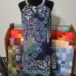 Blue, Teal, Black, and white floral tunic top